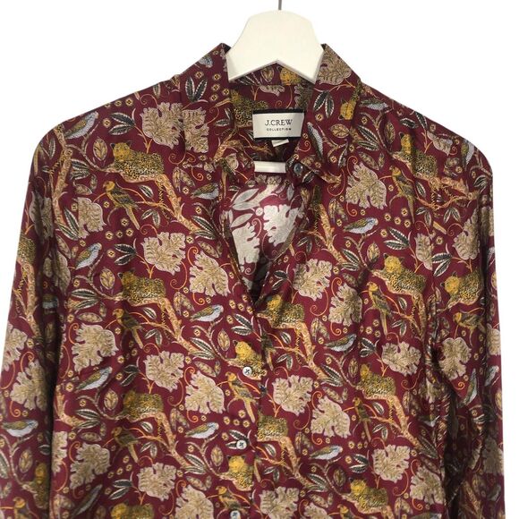 J.Crew Collection Blouse Womens 0 Jungle Cat Print Silk Twill Shirt Maroon AS266 - Picture 3 of 12